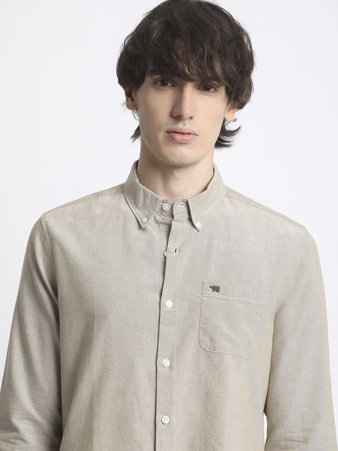 

THE BEAR HOUSE Men Solid Slim Fit Button-Down Collar Pure Cotton Casual Shirt, Beige