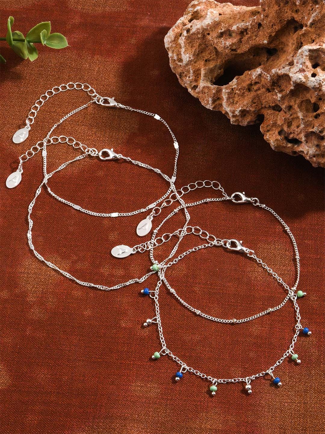 

Accessorize Set of 4 Artificial Beads Anklet, Silver