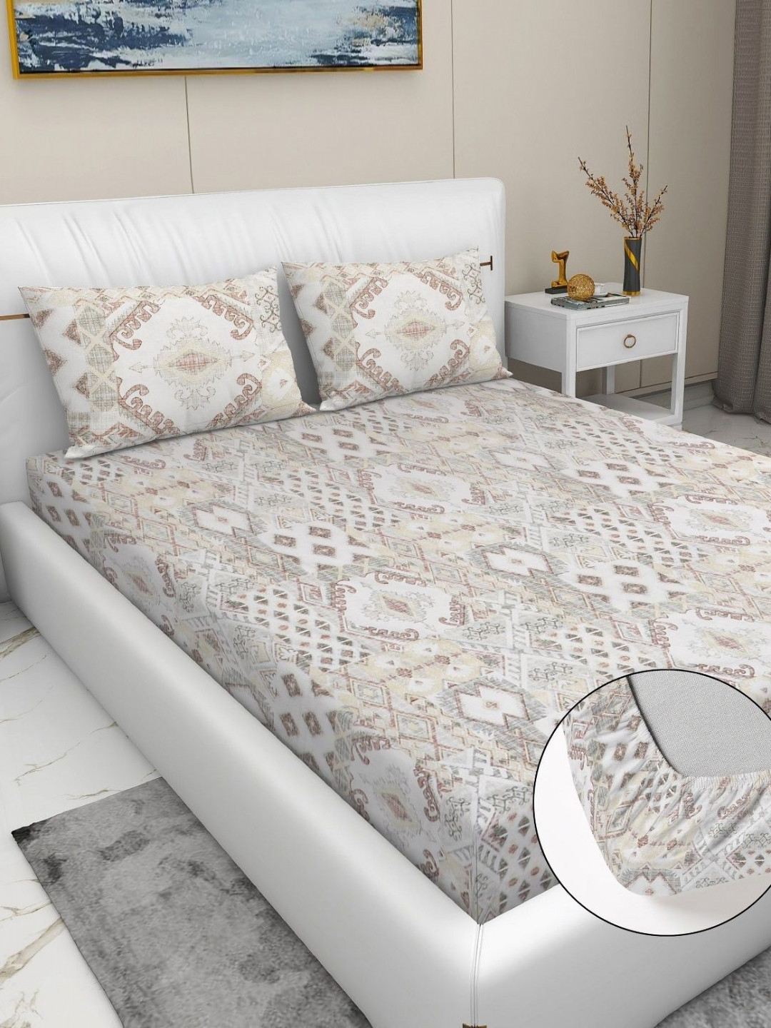 

RD TREND Yellow & White Printed 210 TC Pure Cotton Fitted King Bedsheet & 2 Pillow Covers