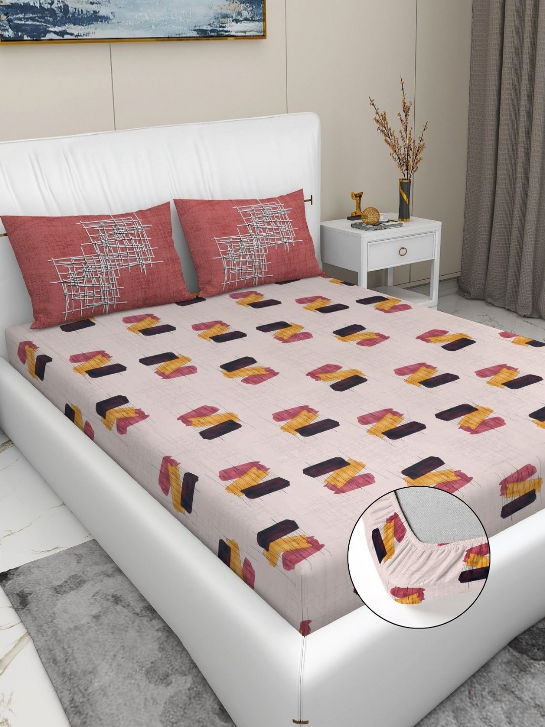 

RD TREND Peach Coloured Printed 210 TC Pure Cotton Fitted King Bedsheet & 2 Pillow Covers
