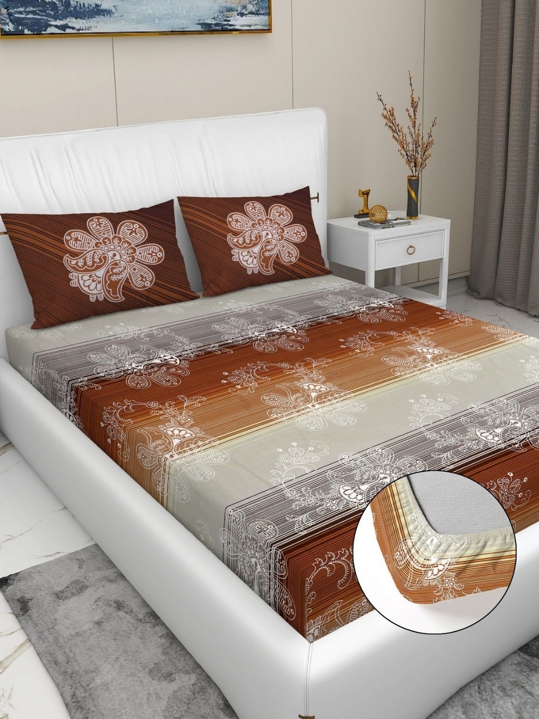 

RD TREND Brown & Grey Printed 210 TC Pure Cotton Fitted King Bedsheet & 2 Pillow Covers