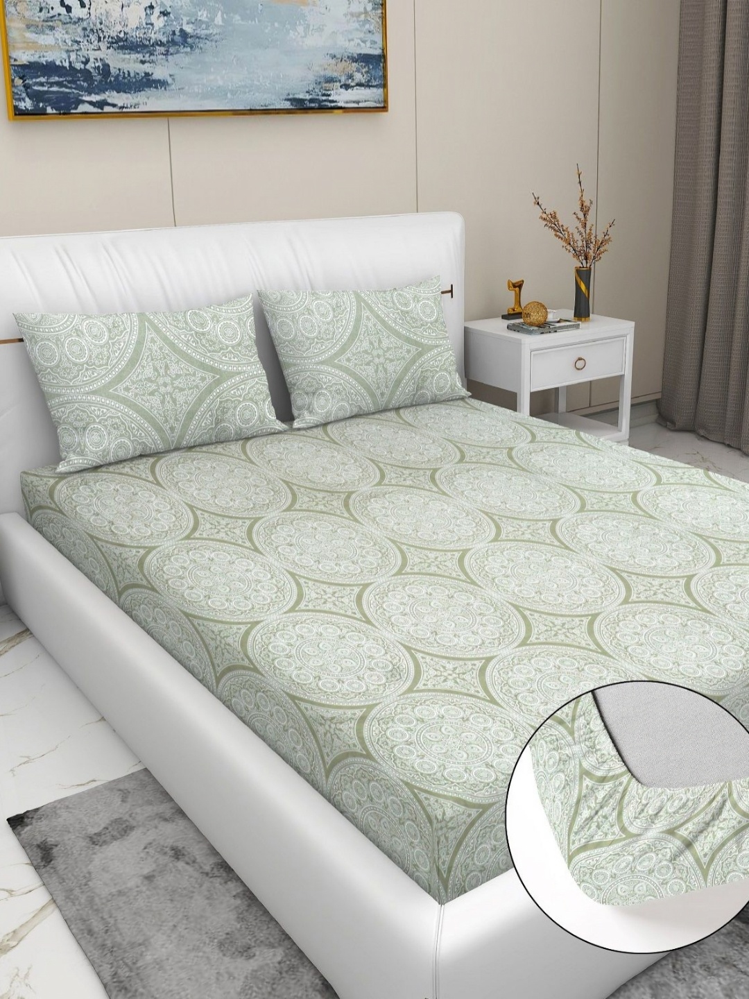 

RD TREND Olive Green Printed 210 TC Pure Cotton Fitted King Bedsheet & 2 Pillow Covers