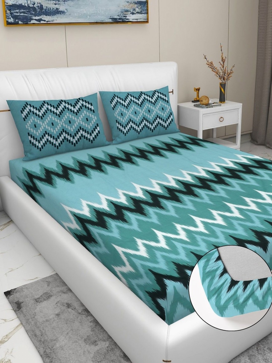 

RD TREND Blue & Black Printed 210 TC Pure Cotton Fitted King Bedsheet & 2 Pillow Covers