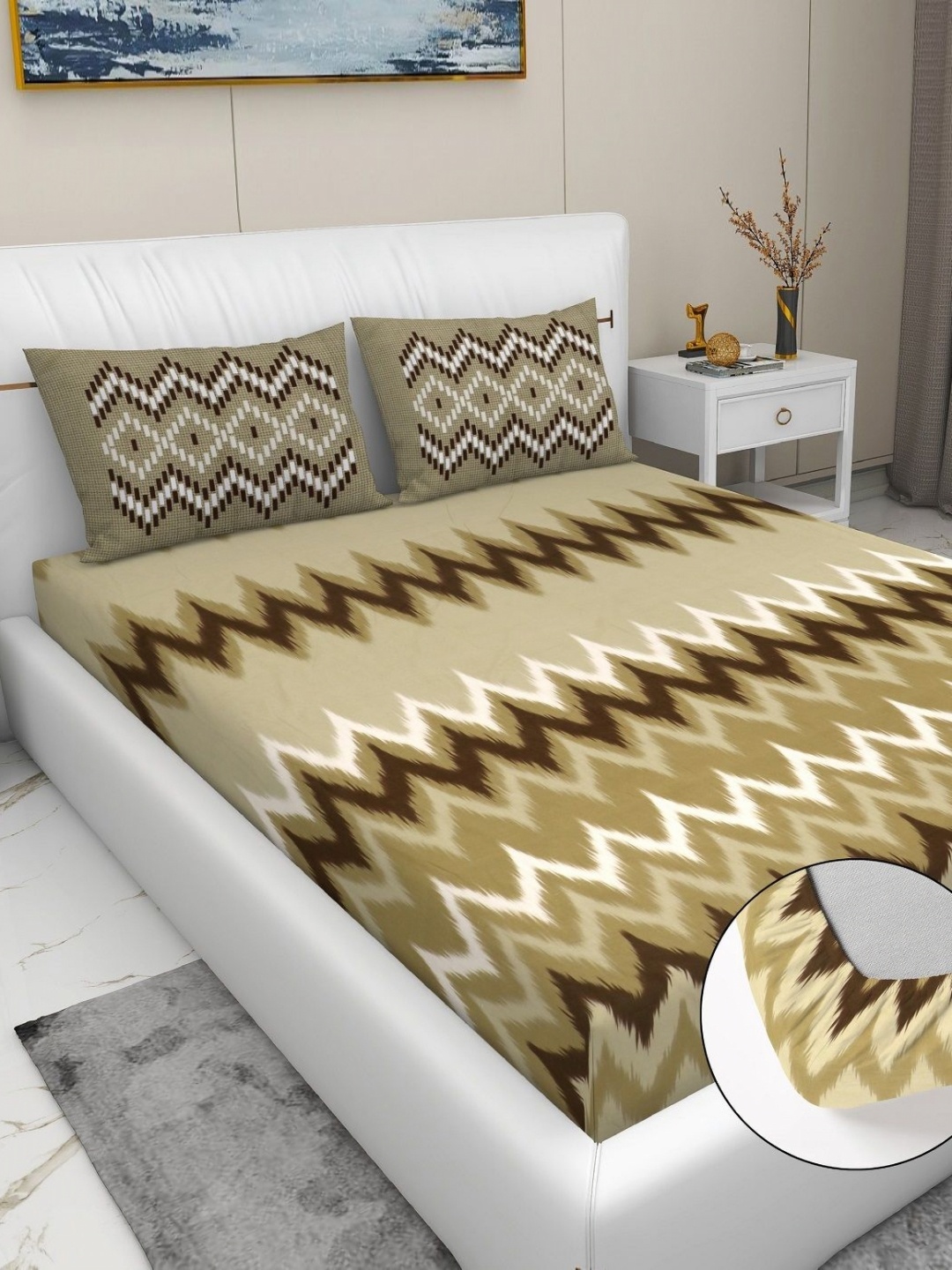

RD TREND Green Printed 210 TC Pure Cotton Fitted King Bedsheet & 2 Pillow Covers