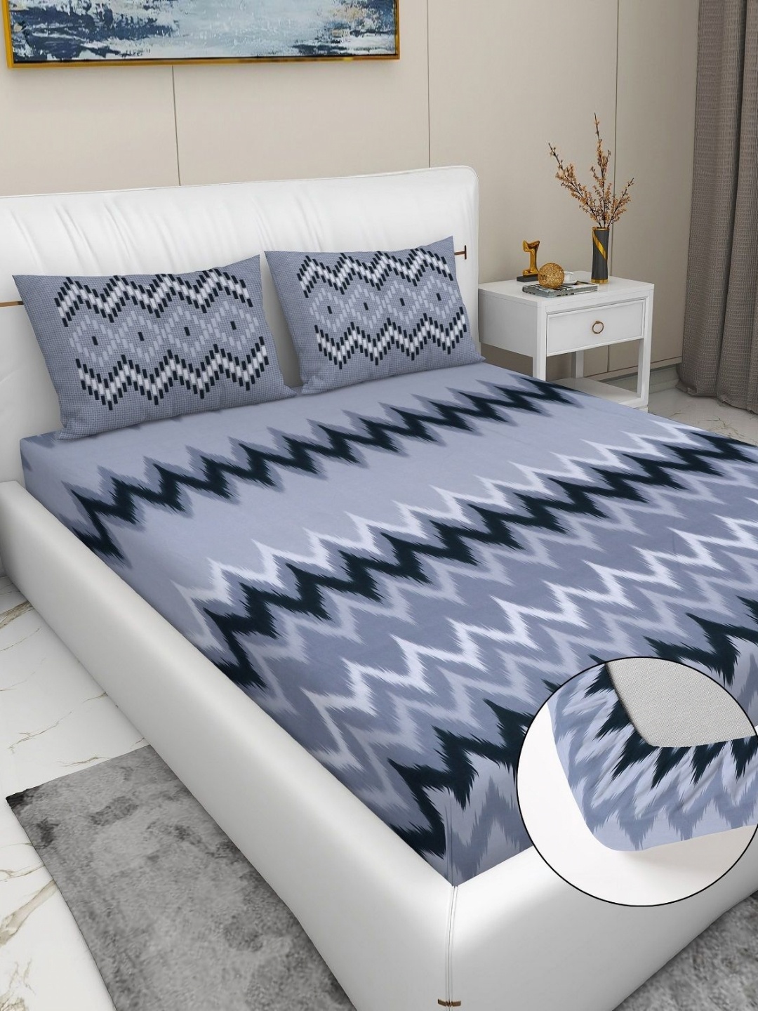 

RD TREND Grey & Black Printed 210 TC Pure Cotton Fitted King Bedsheet & 2 Pillow Covers