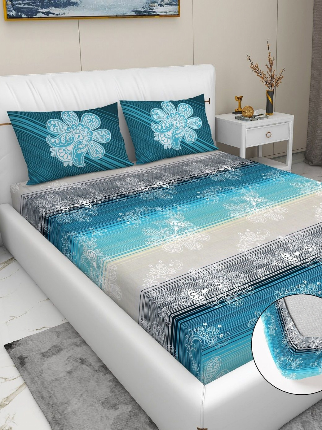 

RD TREND Blue & Grey Printed 210 TC Pure Cotton Fitted King Bedsheet & 2 Pillow Covers