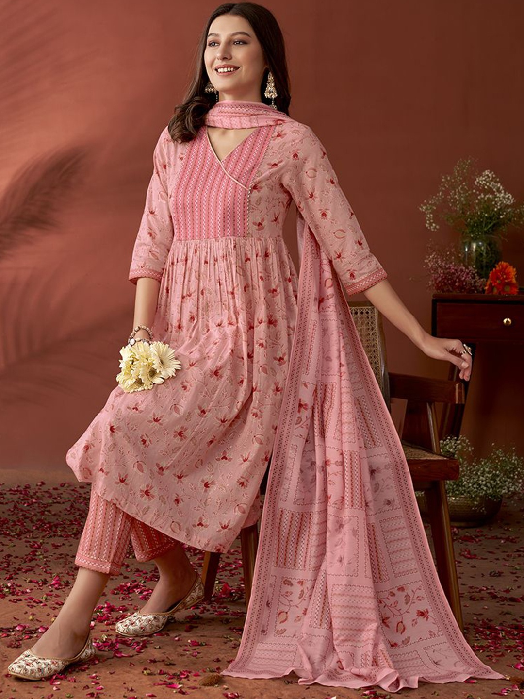 

Anouk Peach Coloured Floral Printed Anarkali Pure Cotton Kurta with Trousers & Dupatta