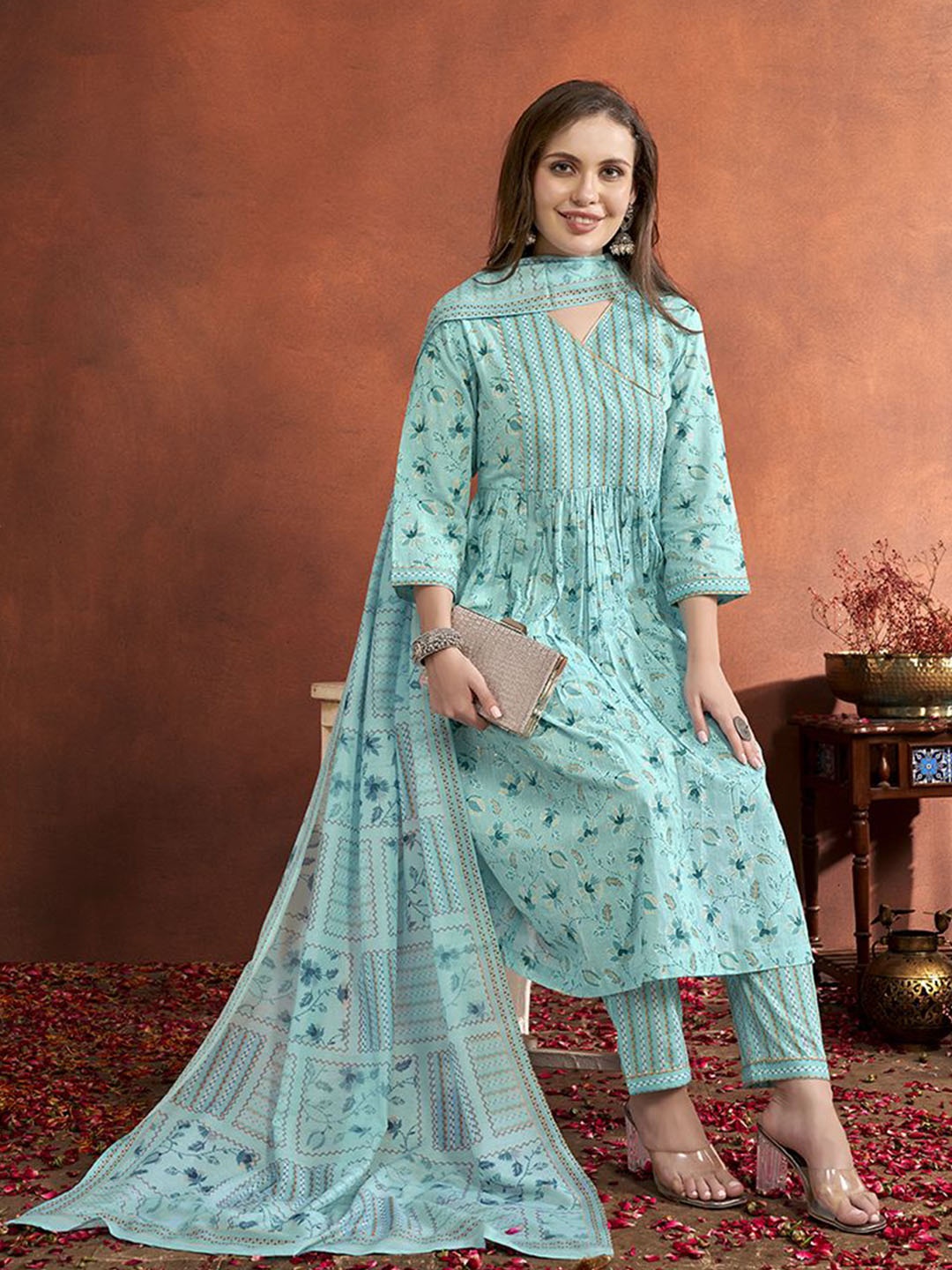 

Anouk Blue Floral Printed Anarkali Pleated Pure Cotton Kurta with Trousers & Dupatta