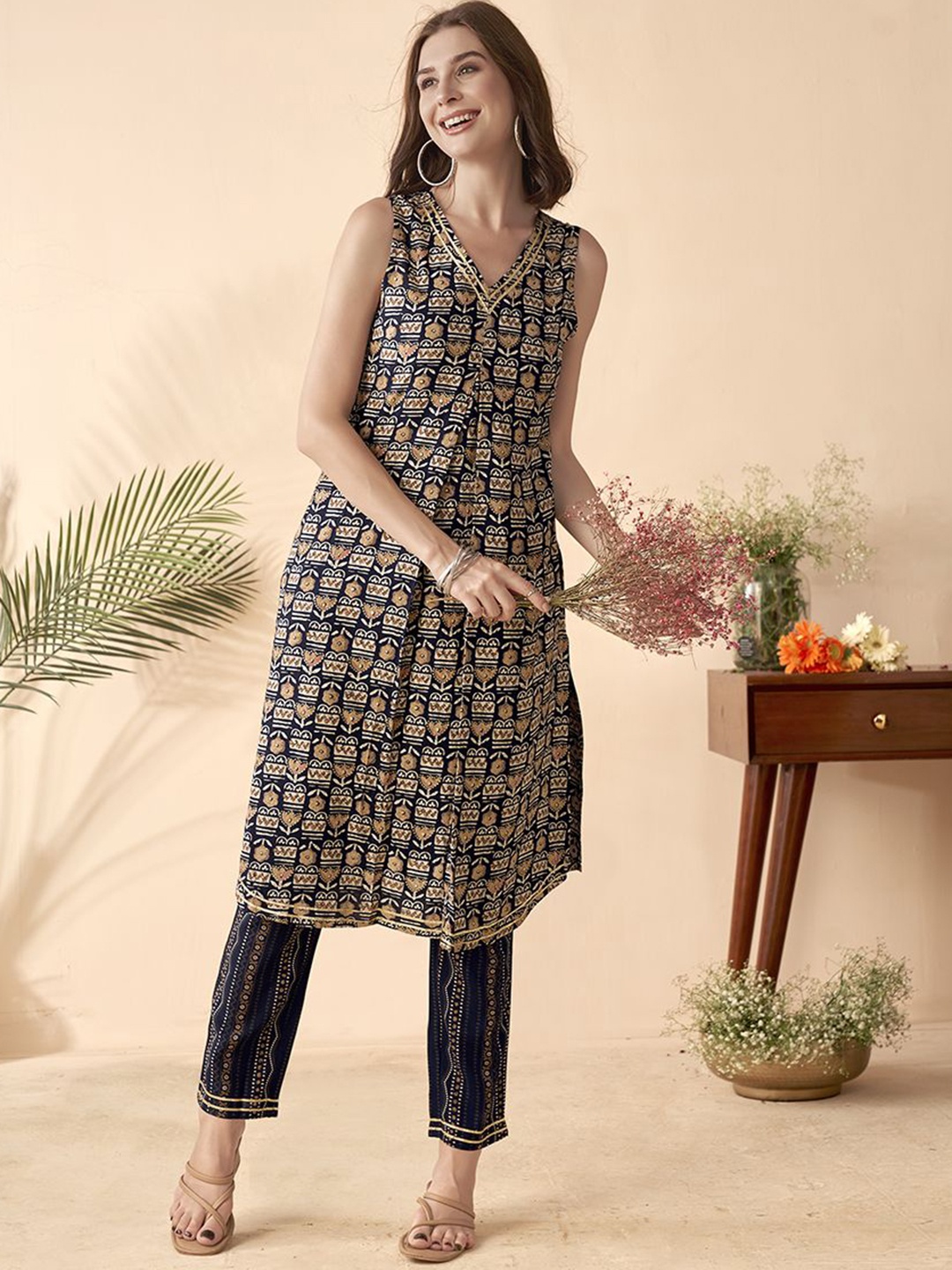 

Anouk Black Ethnic Motifs Printed A-Line Kurta with Trousers