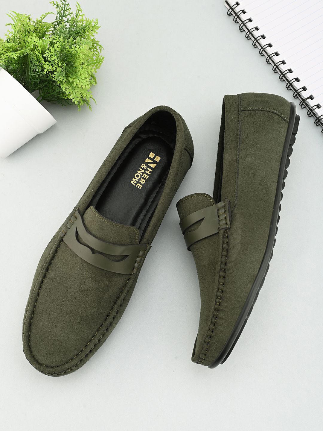 

HERE&NOW Men Green Textured Round Toe Suede Driving Shoes