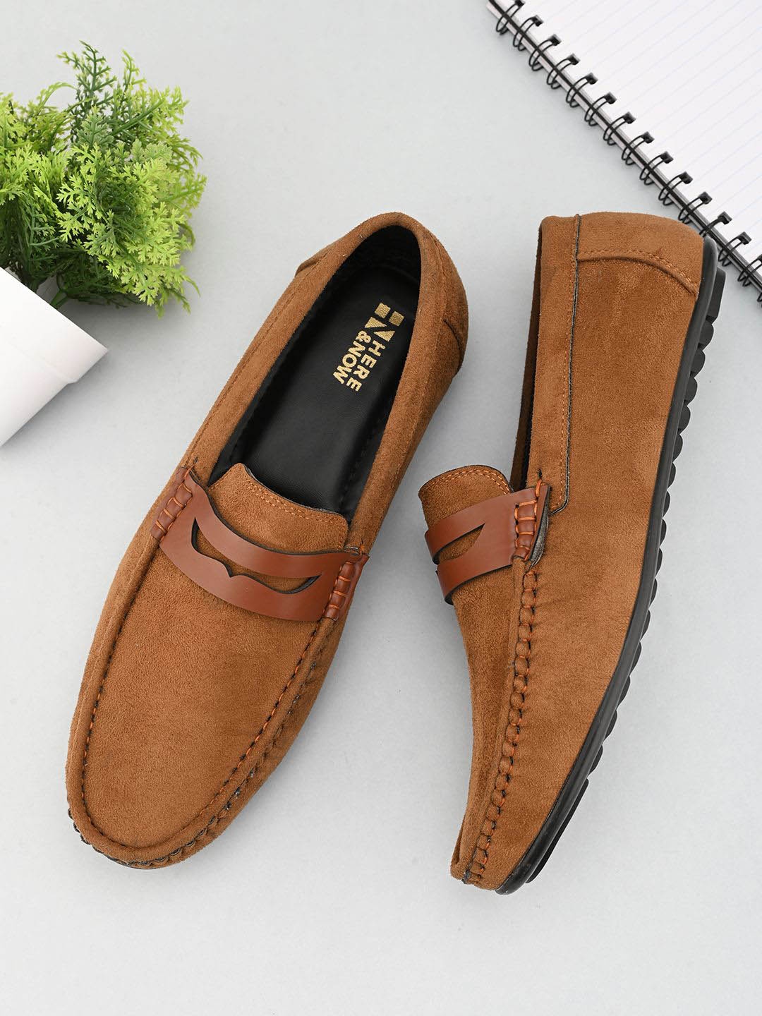 

HERE&NOW Men Tan Brown Textured Round Toe Suede Driving Shoes