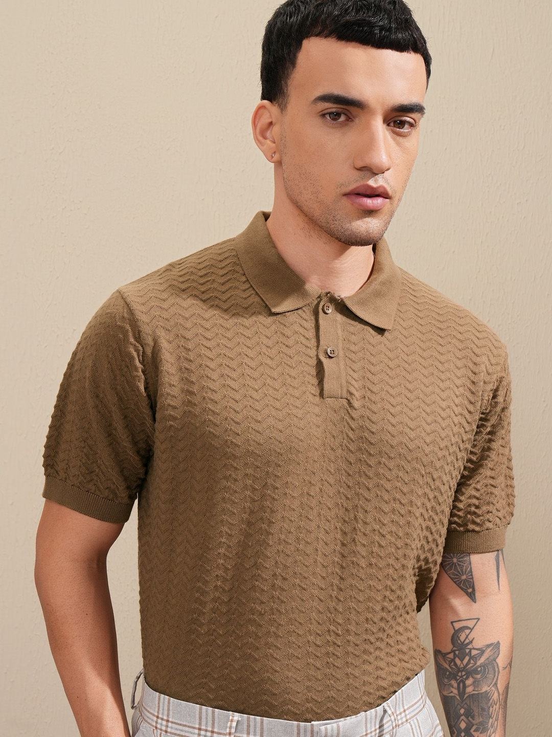 

Highlander Men Striped Dobby Textured Oversized Shirt, Brown