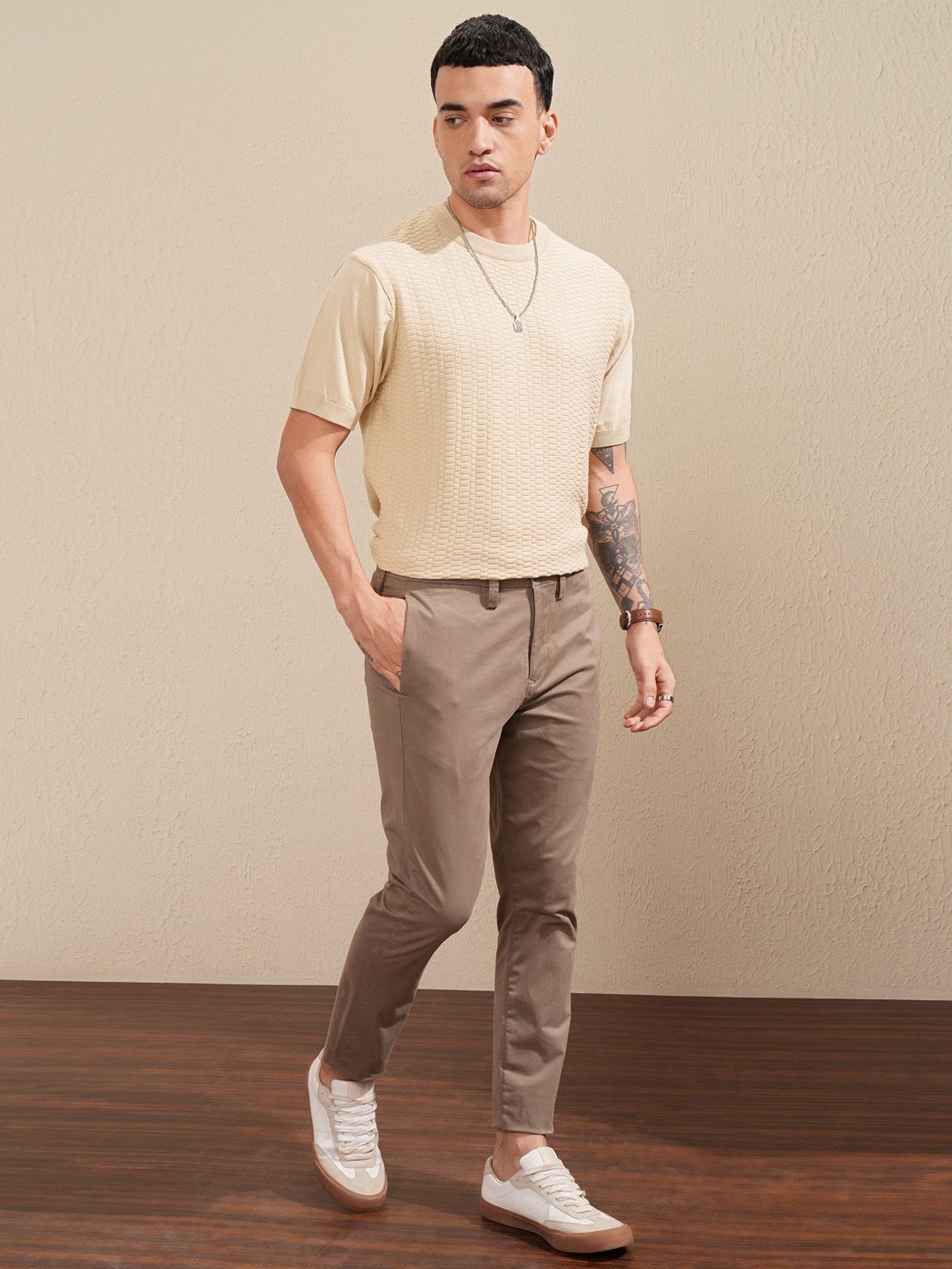

Highlander Men Knitted Textured Relaxed Fit T-shirt, Beige