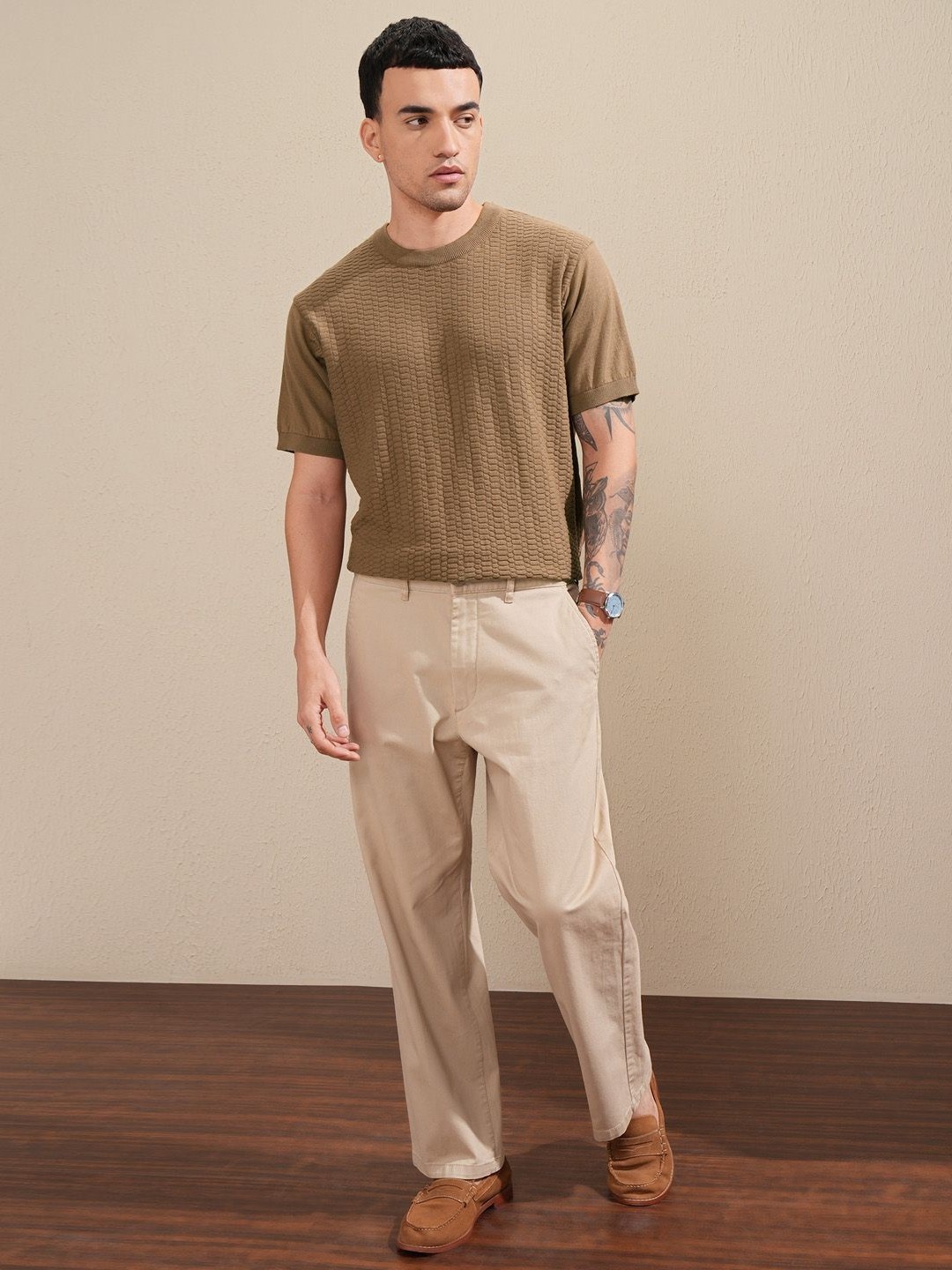 

HIGHLANDER Men Knitted Self Design Relaxed Fit Tshirt, Brown