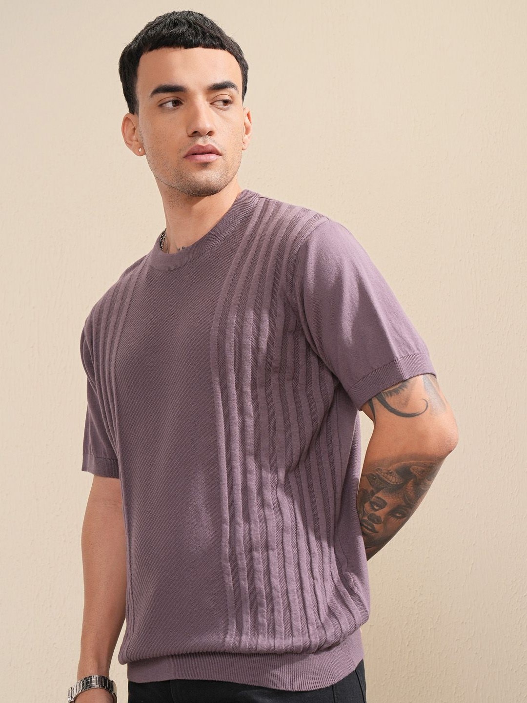 

HIGHLANDER Men Knitted Self Design Relaxed Fit T-shirt, Purple