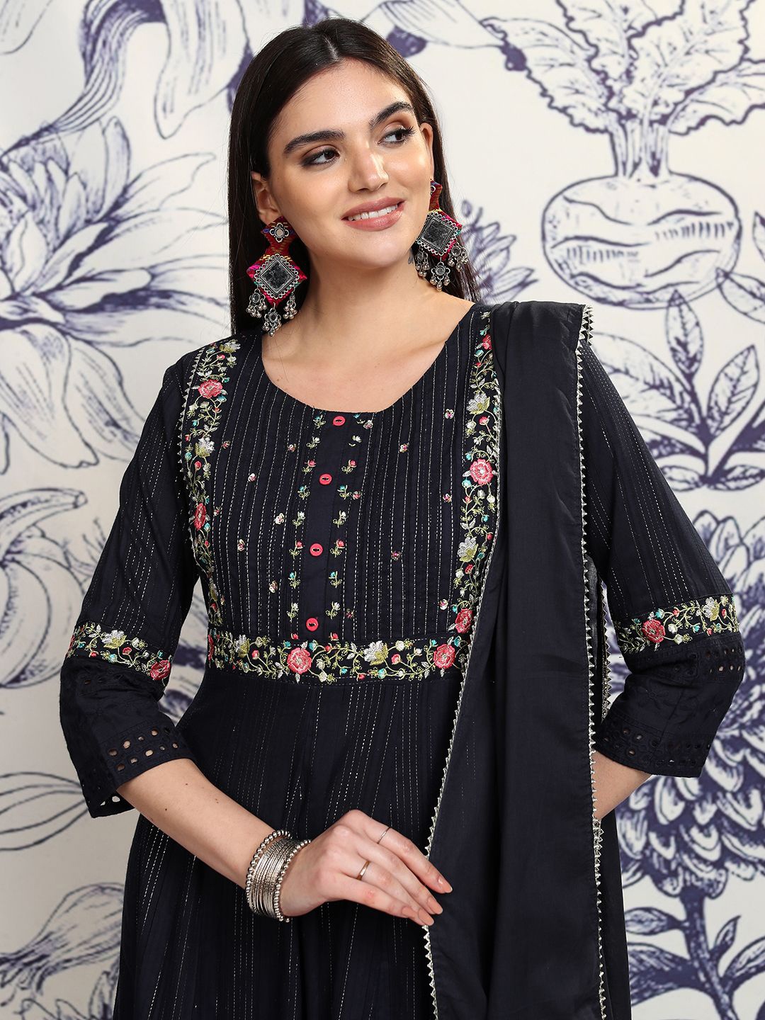 

Vishudh Floral Embroidered Round Neck Anarkali Kurta & Trousers With Dupatta, Blue
