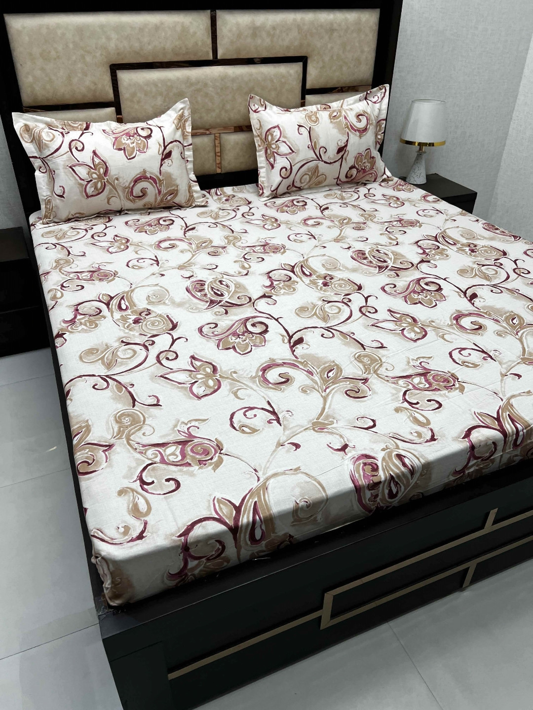 

Pure Decor White & Beige Floral Cotton 330 TC King Bedsheet with 2 Pillow Covers