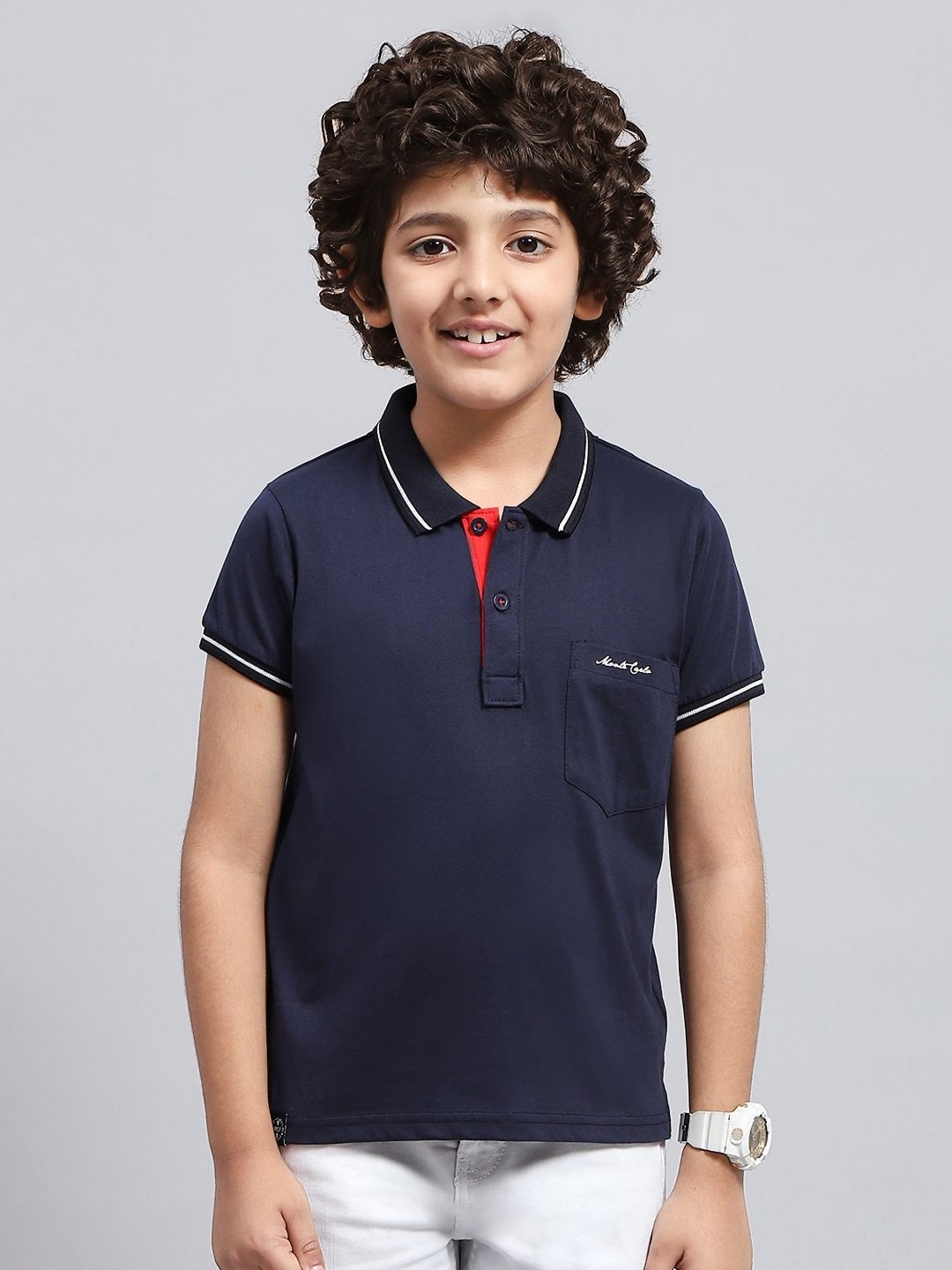 

Monte Carlo Boys Solid Polo Collar Pockets T-shirt, Navy blue