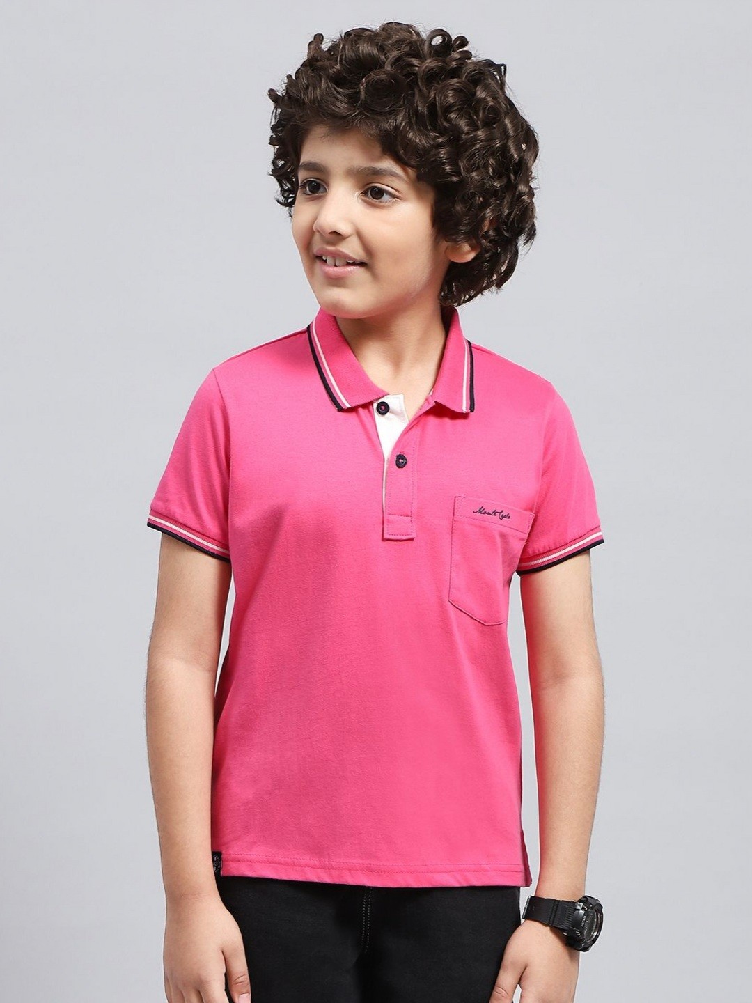 

Monte Carlo Boys Solid Polo Collar Pockets T-shirt, Pink