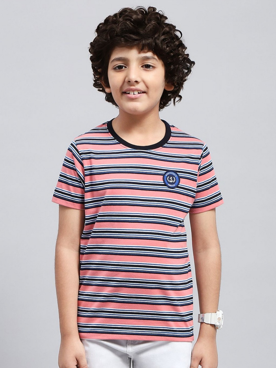 

Monte Carlo Boys Pack Of 3 Striped Round Neck Cotton T-shirt, Pink