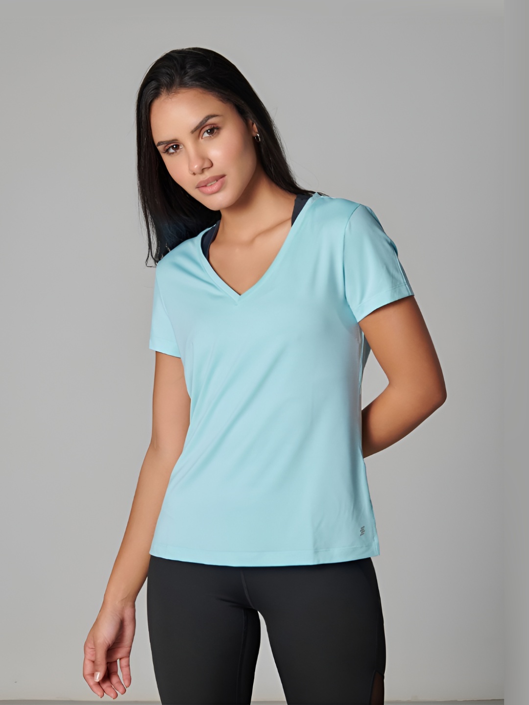 

Strongr.Athleisure Women Solid V-Neck Dri-FIT T-shirt, Turquoise blue