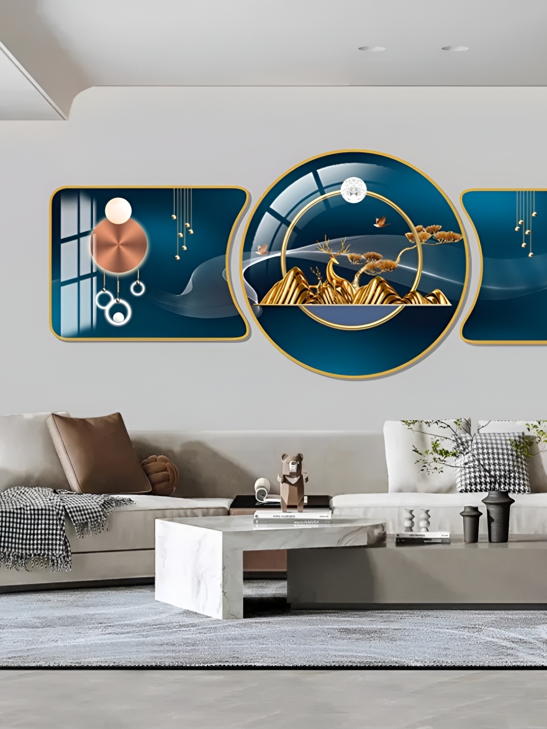 

WALLMAX Gold Toned & Navy Blue 3 Pieces Abstract Crystal Wall Art