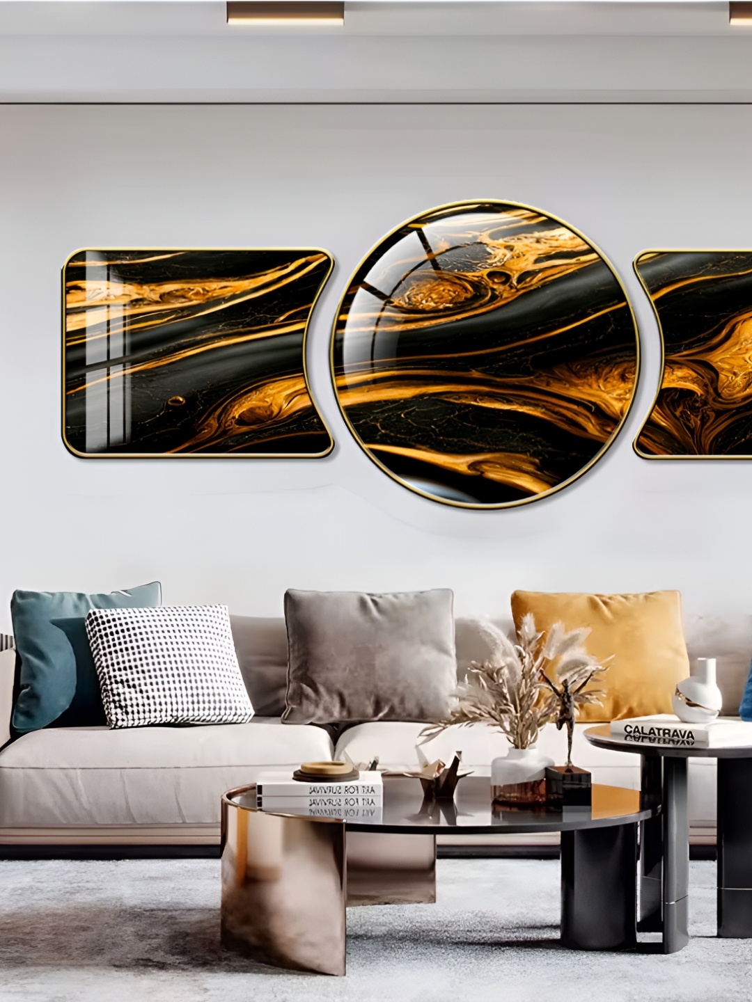 

WALLMAX Gold Toned & Black 3 Pieces Abstract Crystal Wall Art