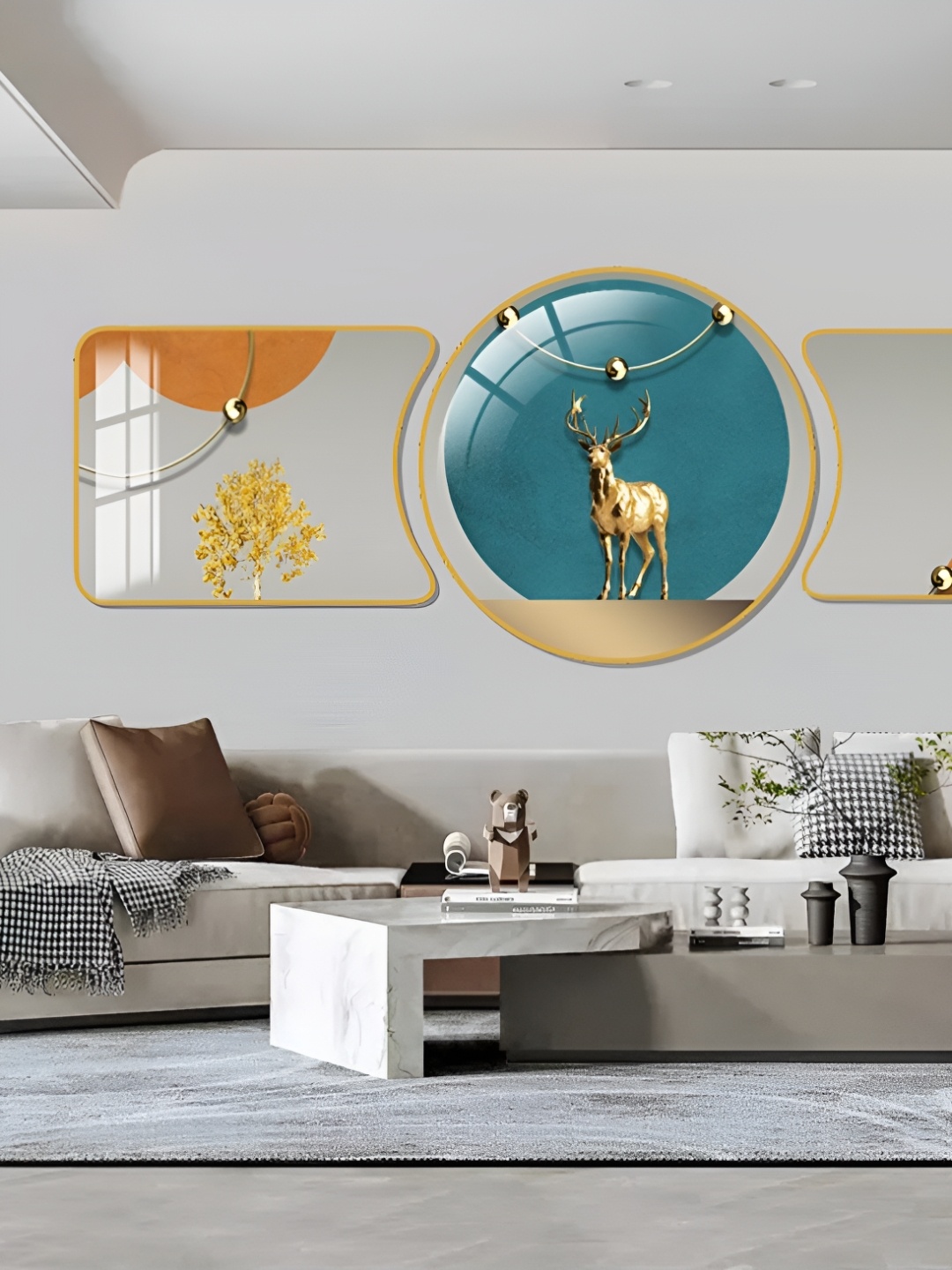 

WALLMAX Gold Toned & Teal Blue 3 Pieces Birds & Animals Crystal Wall Art