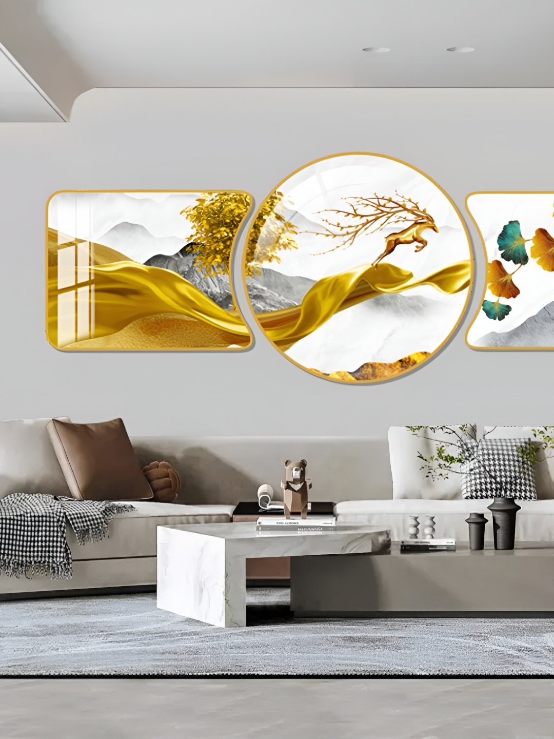 

WALLMAX Gold Toned & White 3 Pieces Abstract Crystal Wall Art