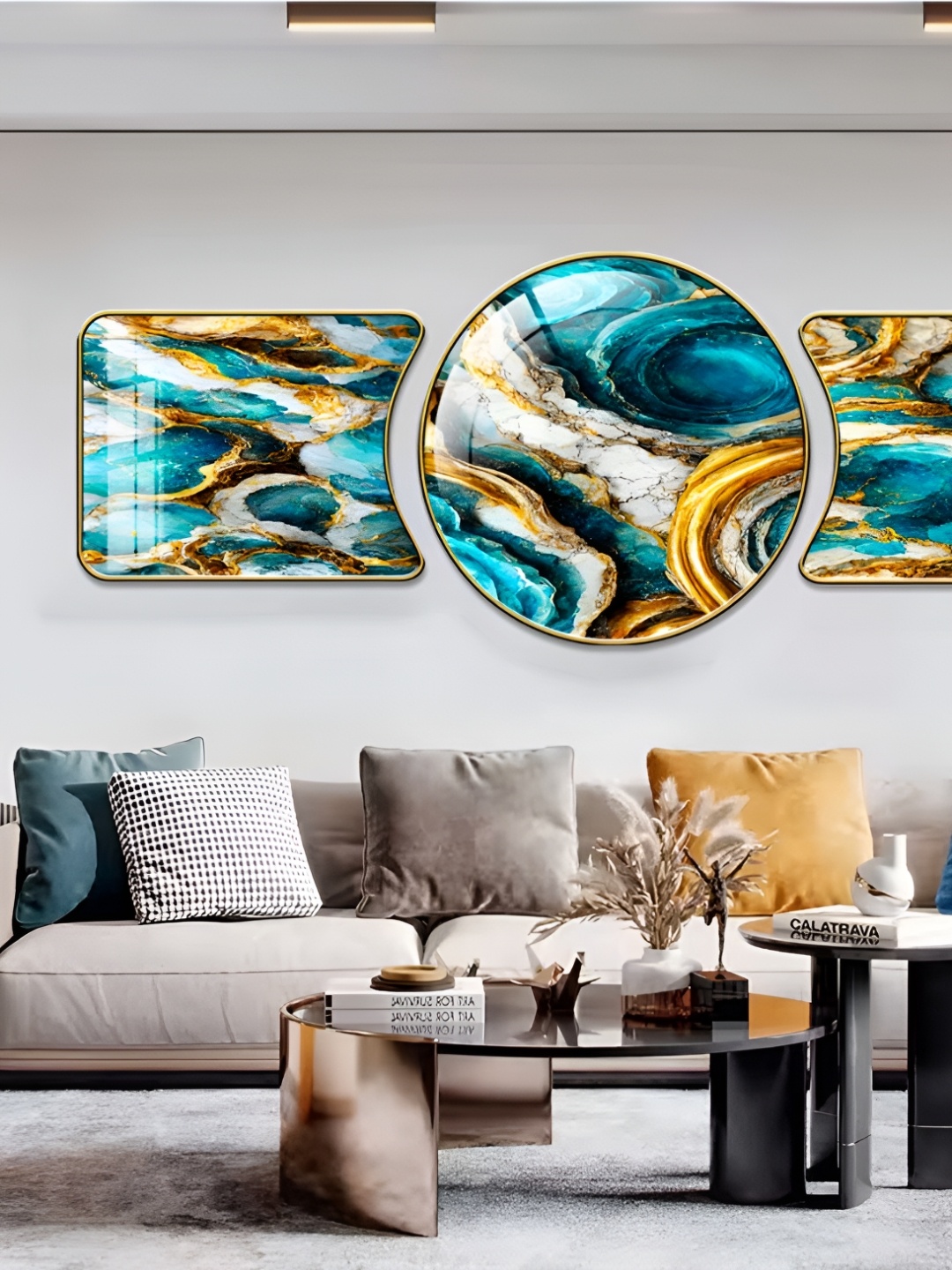 

WALLMAX Gold Toned & Blue 3 Pieces Abstract Crystal Wall Art