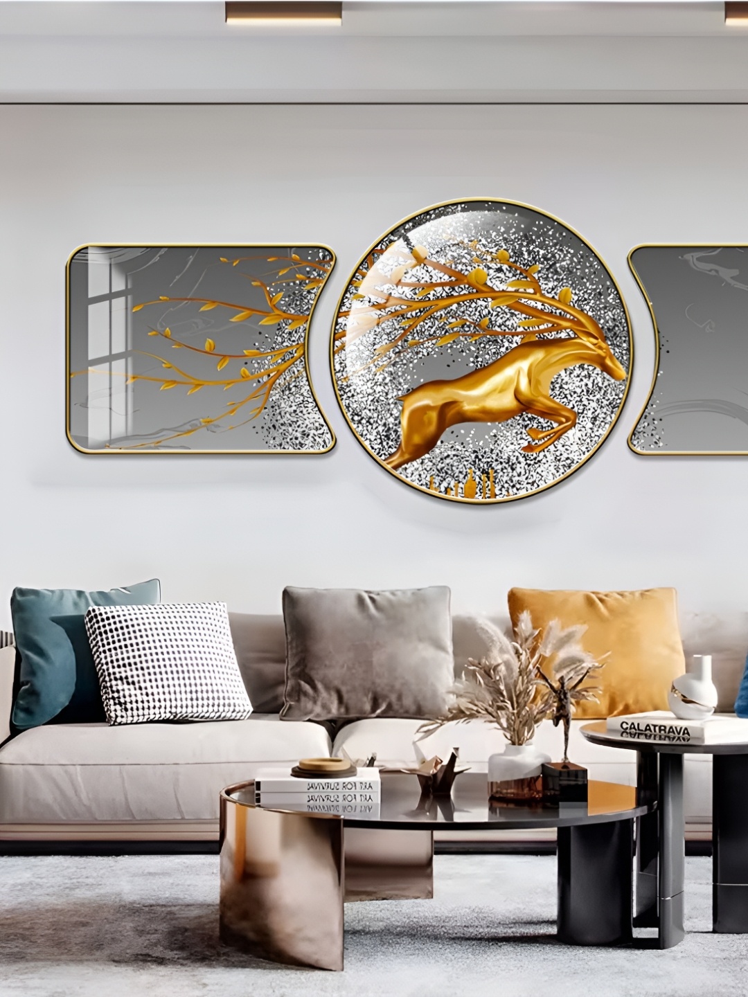 

WALLMAX Gold Toned & Grey 3 Pieces Birds & Animals Crystal Wall Art