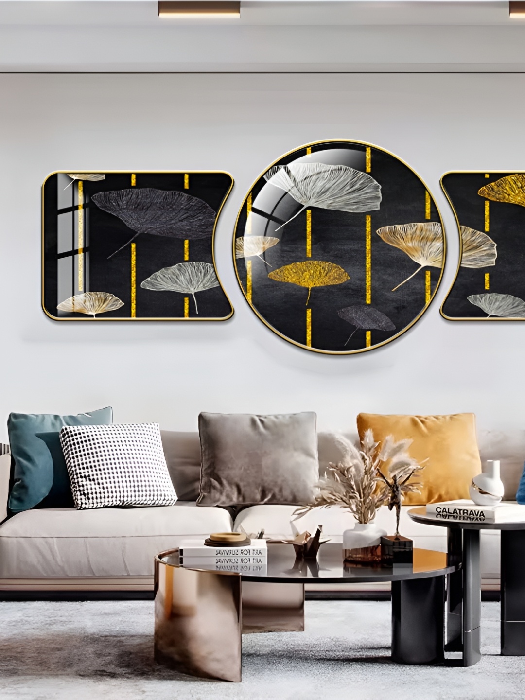 

WALLMAX Gold Toned & Black 3 Pieces Abstract Crystal Wall Art