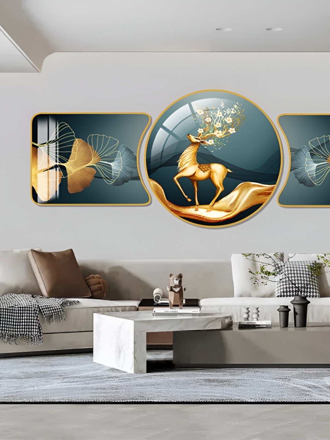 

WALLMAX Gold Toned & Teal Blue 3 Pieces Birds & Animals Crystal Wall Art