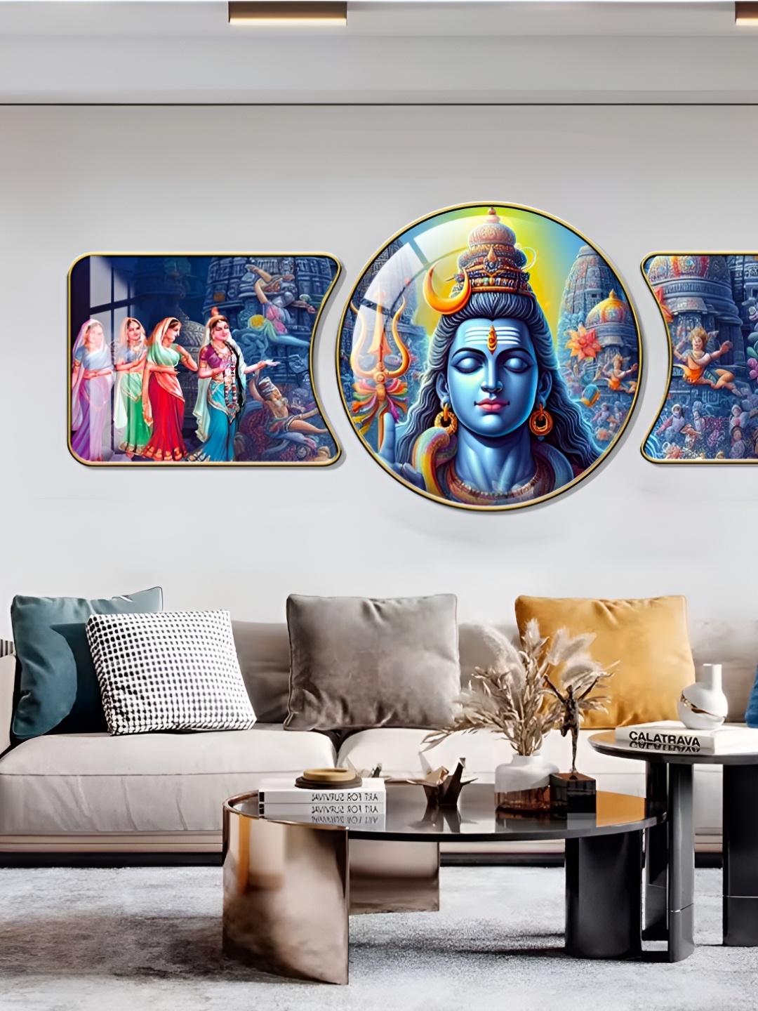 

WALLMAX Gold Toned & Blue 3 Pieces Religious Crystal Wall Art