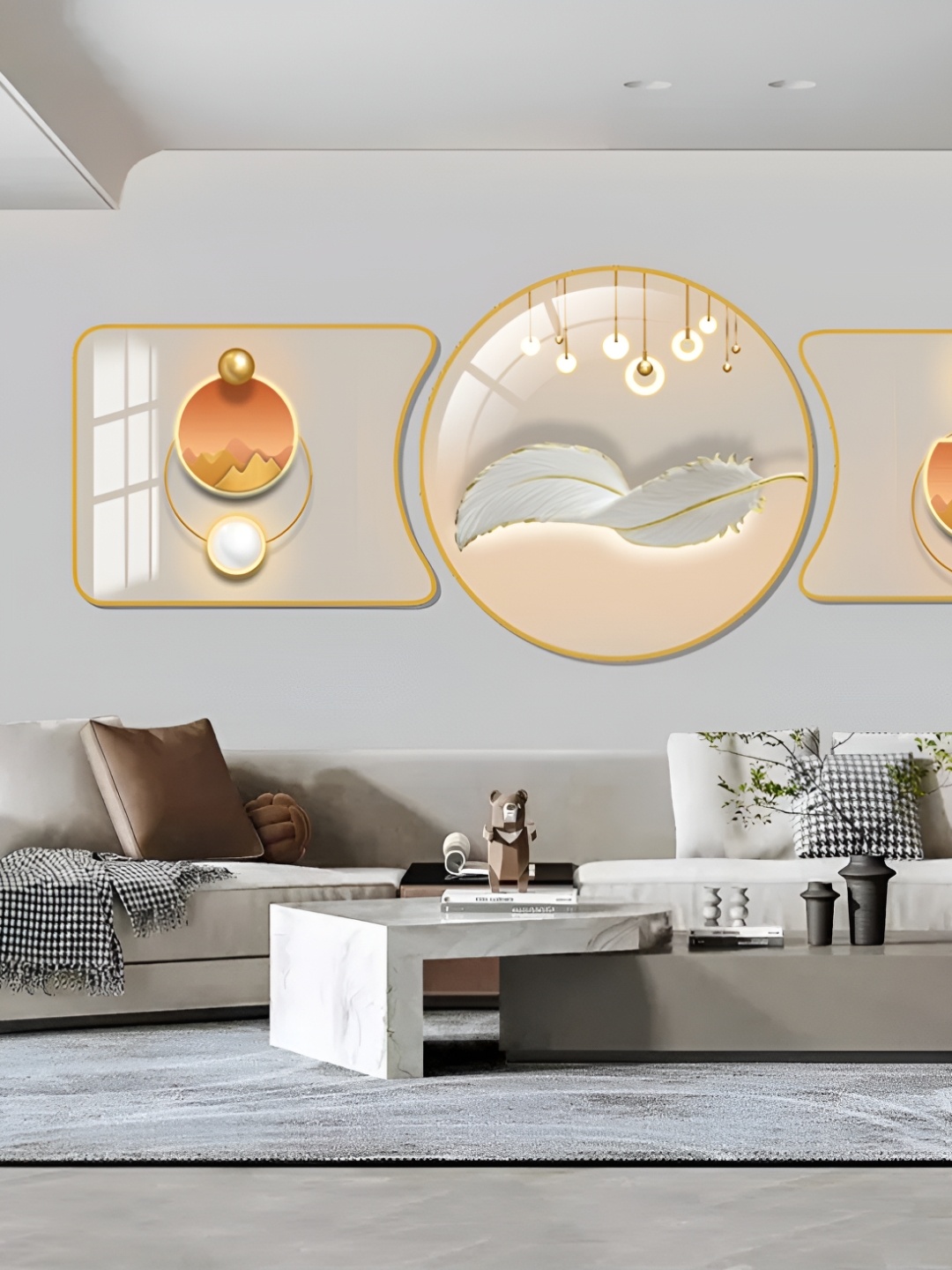 

WALLMAX Gold Toned & Beige 3 Pieces Abstract Crystal Wall Art