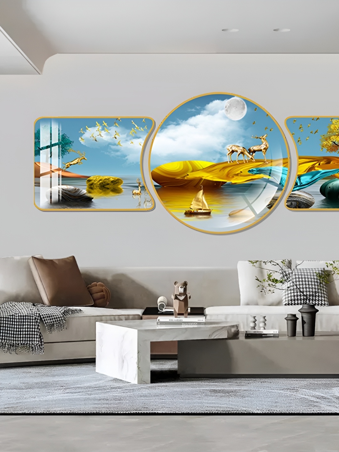 

WALLMAX Gold Toned & Blue 3 Pieces Birds & Animals Crystal Wall Art