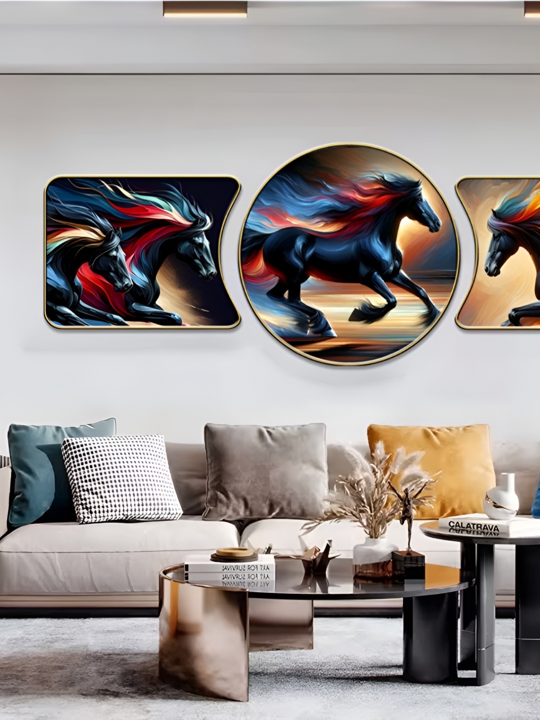 

WALLMAX Gold Toned & Navy Blue 3 Pieces Birds & Animals Crystal Wall Art