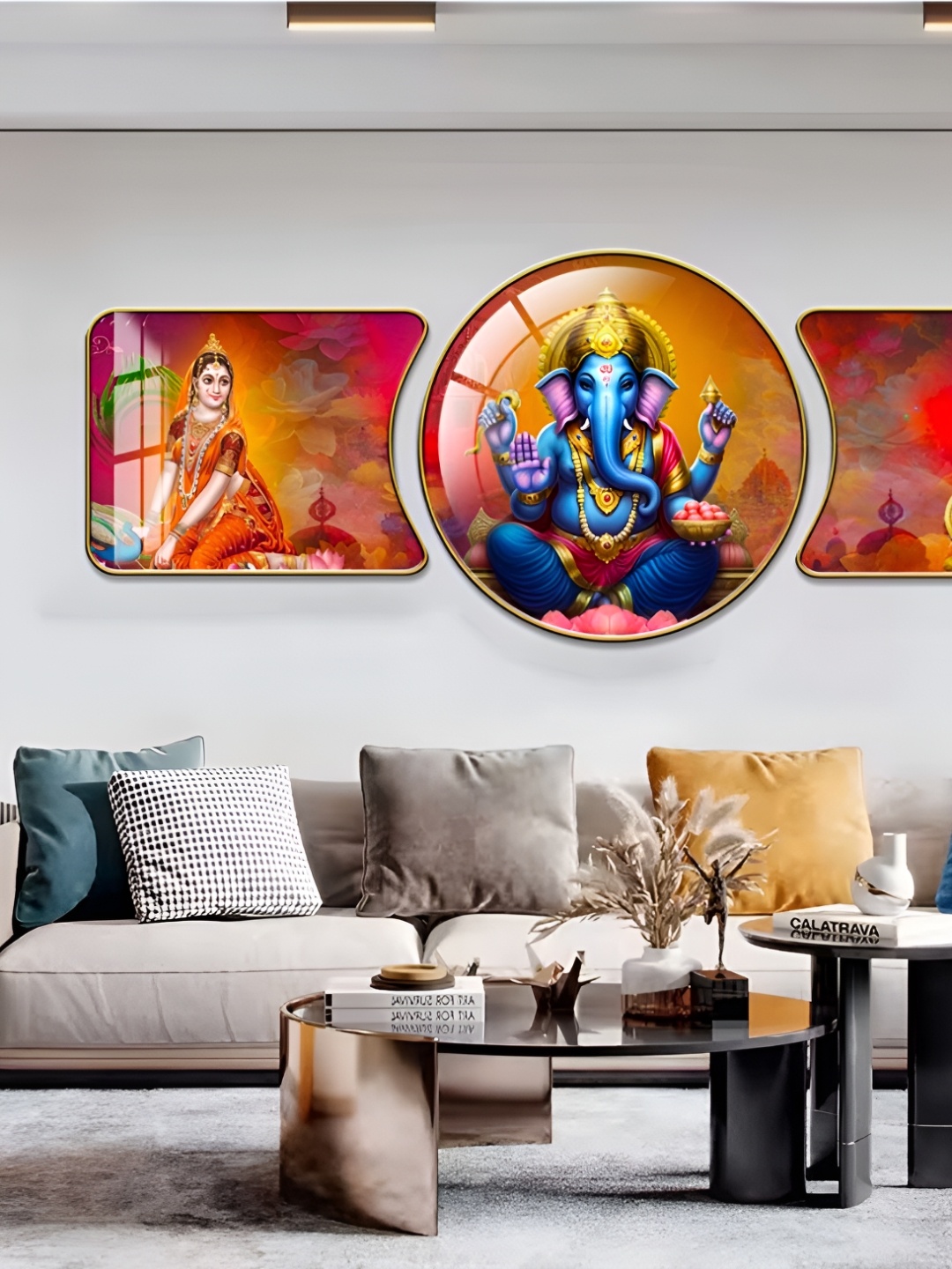 

WALLMAX Gold Toned & Orange 3 Pieces Religious Crystal Wall Art