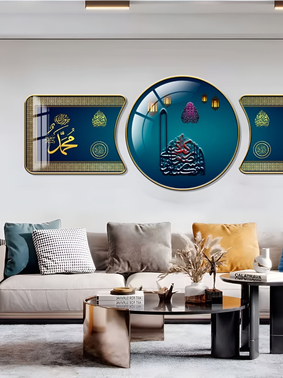 

WALLMAX Gold Toned & Blue 3 Pieces Religious Crystal Wall Art