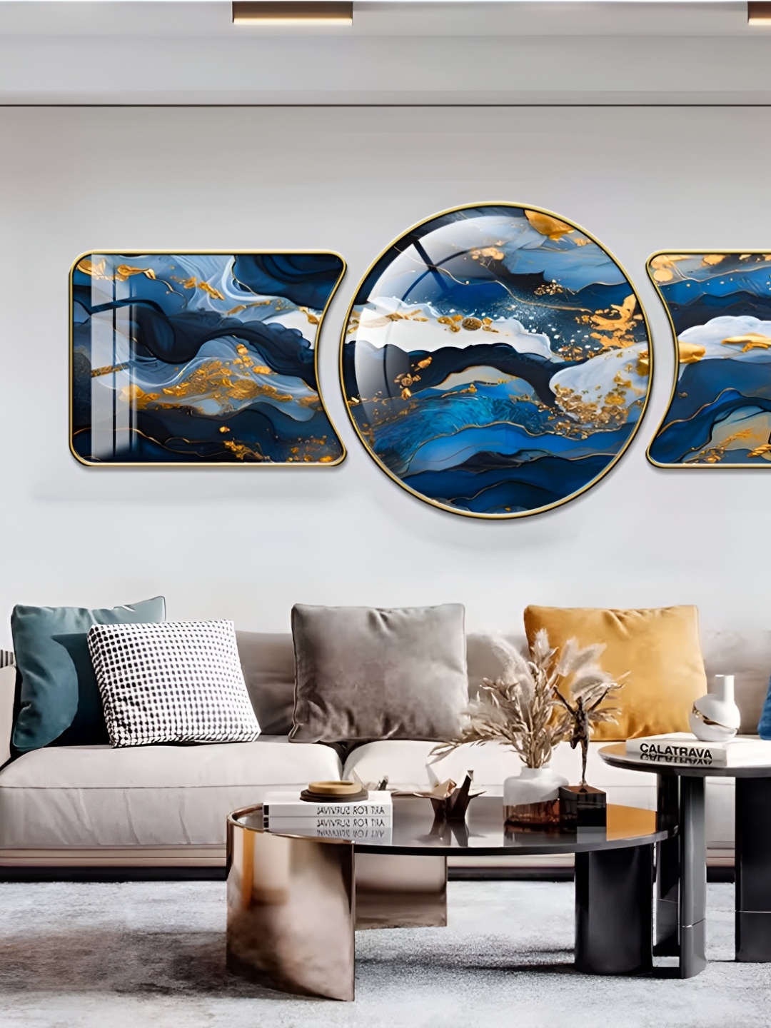 

WALLMAX Gold Toned & Navy Blue 3 Pieces Abstract Crystal Wall Art
