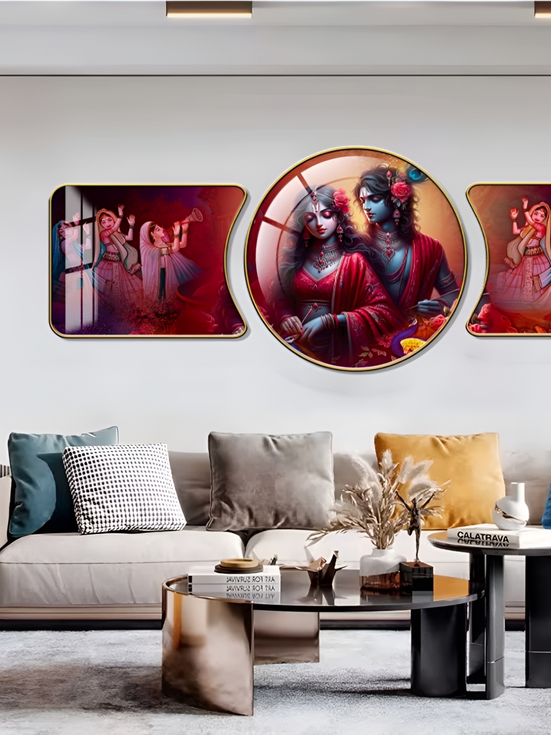 

WALLMAX Gold Toned & Red 3 Pieces Religious Crystal Wall Art