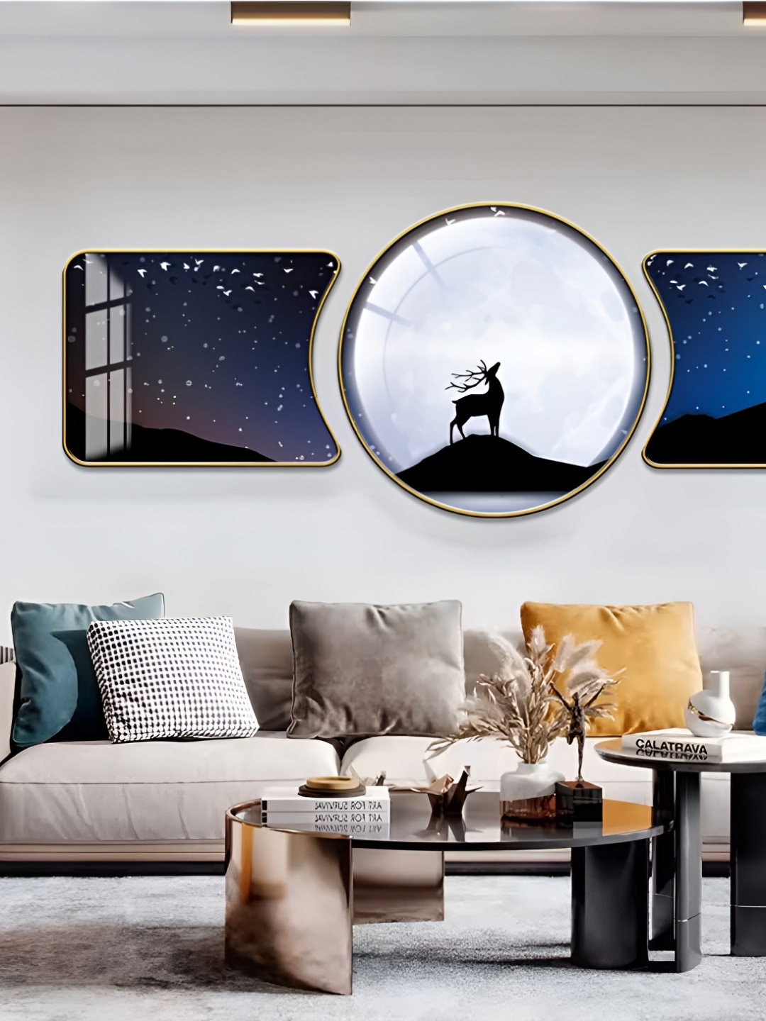 

WALLMAX Gold Toned & Navy Blue 3 Pieces Birds & Animals Crystal Wall Art