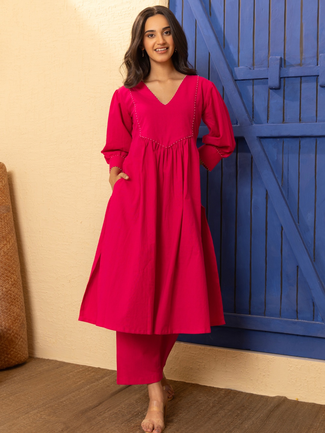 SHIBUI Knee Length Straight Kurtas, Pink