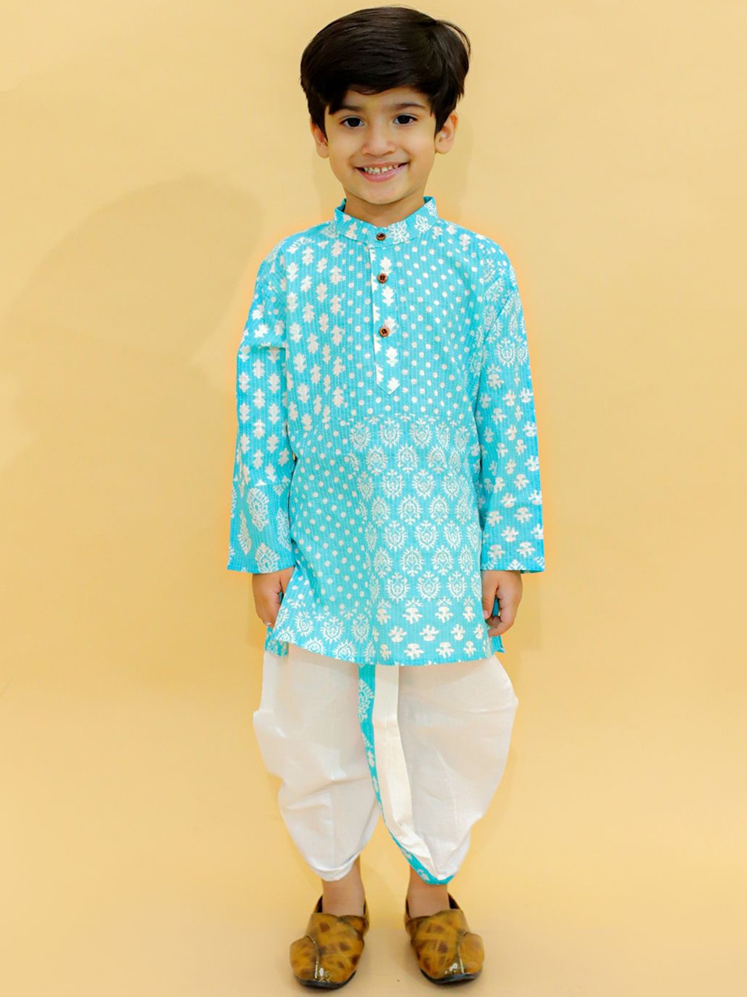 

BAESD Boys Floral Printed Regular Pure Cotton Kurta with Dhoti Pants, Turquoise blue