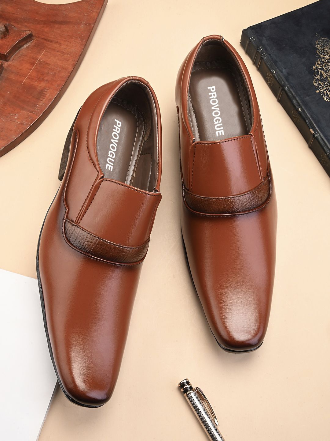 

Provogue Men Round Toe Formal Slip On Shoes, Tan