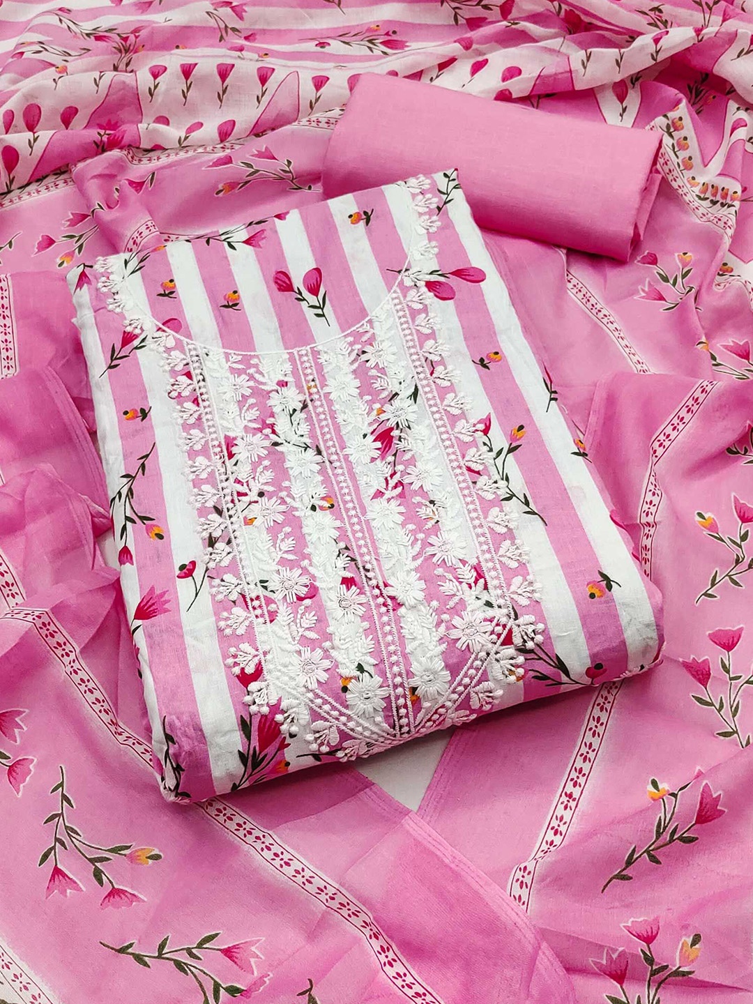 

Peachmode Floral Printed Pure Cotton Unstitched Dress Material, Pink