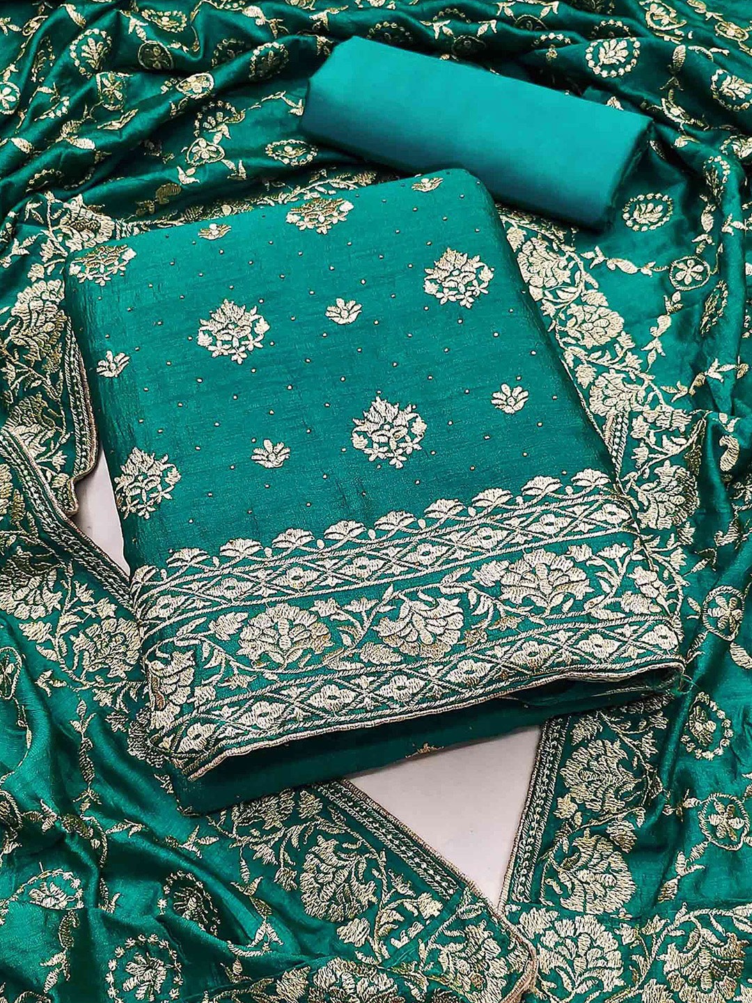 

Peachmode Floral Embroidered Silk Chiffon Unstitched Dress Material, Green