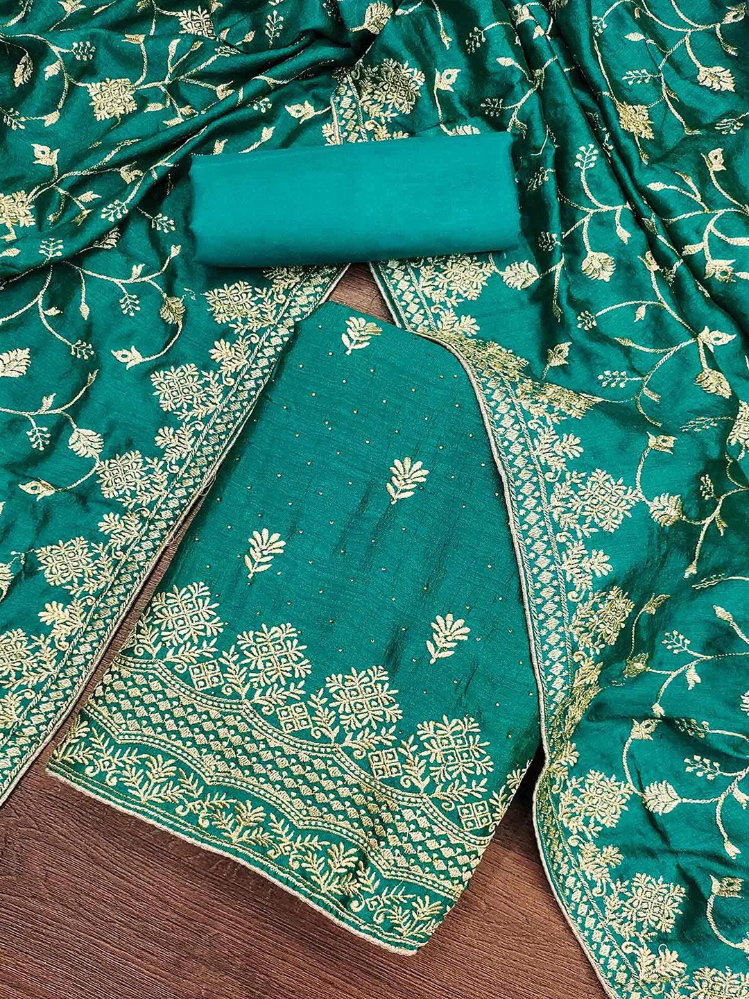 

Peachmode Floral Embroidered Beads Silk Chiffon Unstitched Dress Material, Green