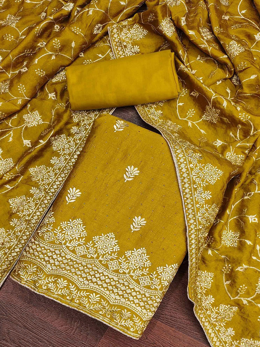 

Peachmode Floral Embroidered Beads Silk Chiffon Unstitched Dress Material, Mustard