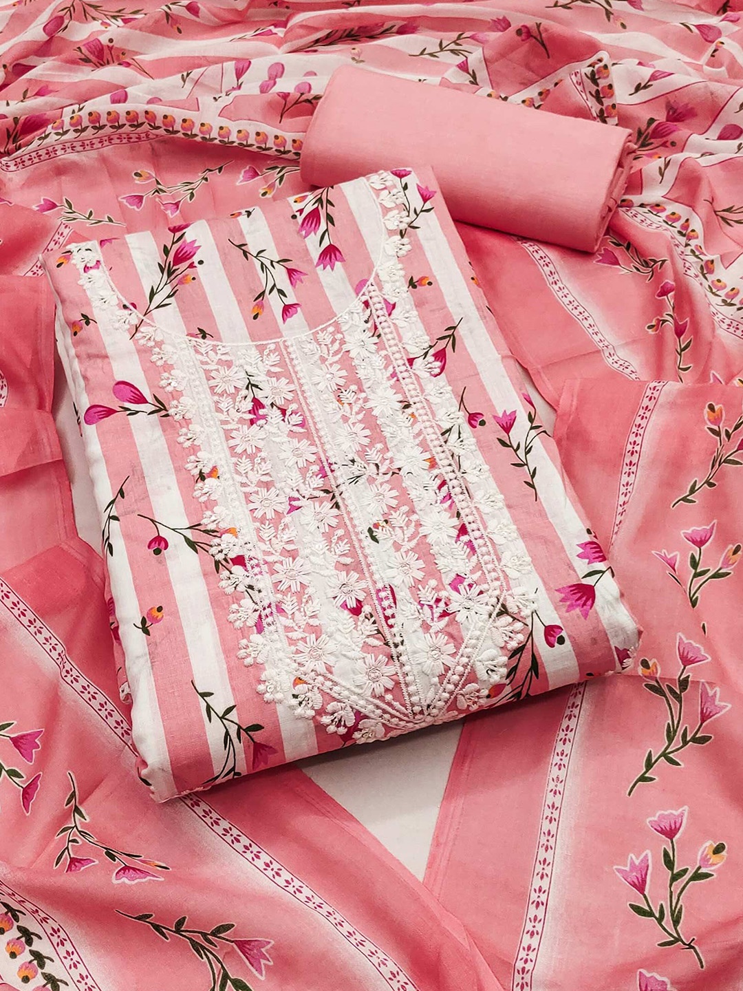 

Peachmode Floral Printed Pure Cotton Unstitched Dress Material, Peach